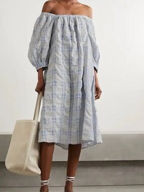Remain Birger Christensen Lea off-the-shoulder checked seersucker midi dress, 2